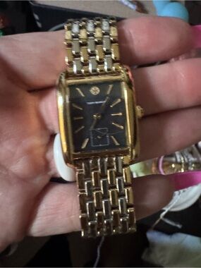 TORY BURCH ELEANOR MOTHER OF PEARL BLACK DIAL TWO TONE STEEL STRAP WATCH